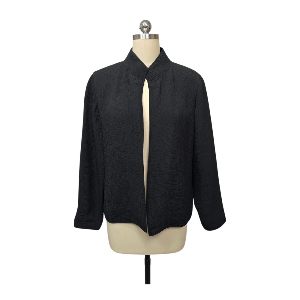 Eileen Fisher Black Textured Mandarin‎ Collar Open Front Jacket Women Size Small